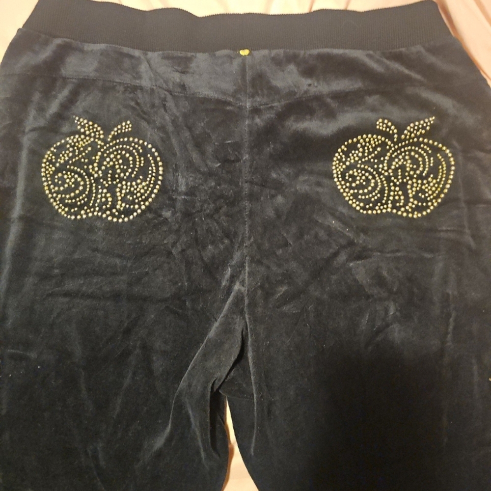 RARE Vintage Y2K Apple Bottoms® Black Velour Pants with Gold Studded Apples- XL